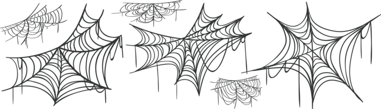Spooky spider web collection with creepy Halloween cobweb elements, dark insect illustrations and tangled gothic corner decoration set