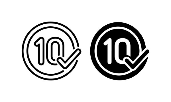 Number 10 Icon Set, Ten Rating Symbol, Circle Checkmark, Score Mark, Quality Badge, Vector Graphic