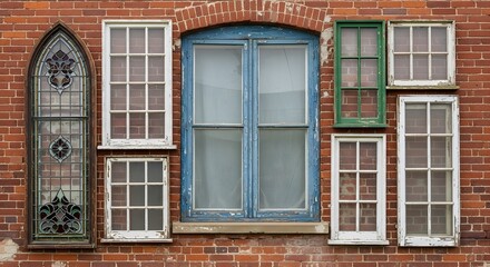 Obraz premium Collection of various windows of different sizes and styles on a brick wall background, showcasing architectural diversity