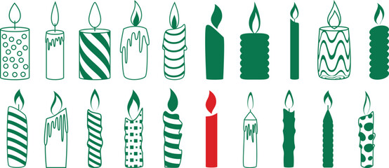 Obraz premium Festive candle icon collection with decorative birthday and celebration flame elements, colorful party wax illustrations and holiday symbol set