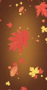 Autumn leaves falling down on brown background, seamless loop.Vertical video.