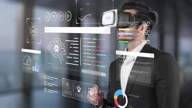 Person Using Virtual Reality Headset to Explore Data Analytics and Artificial Intelligence Concepts in Modern Office Environment with Digital Displays Gluon.