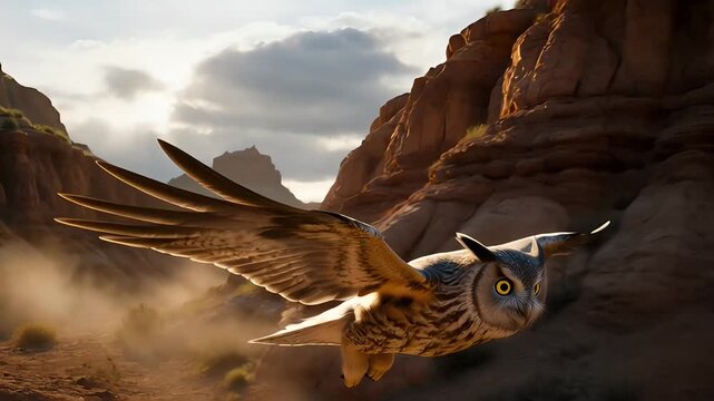 Majestic great horned owl flying through a rocky canyon at sunset