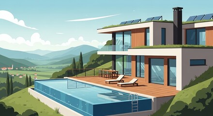 Fototapeta premium Modern Luxury Sustainable Villa with Infinity Pool Solar Panels and Scenic Mountain Landscape Illustration