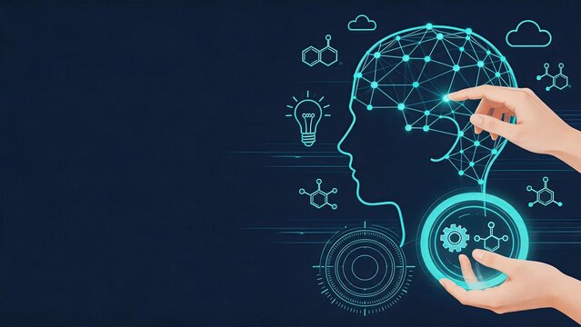 Artificial intelligence concept showing human brain neural network connected to digital interface, symbolizing machine learning, cognitive computing, and future technology