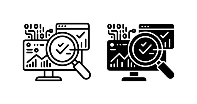 Data Analysis Icons, Magnifying Glass Over Computer Screen with Charts, Binary Code and Checkmarks, Digital Information Search Vector Set