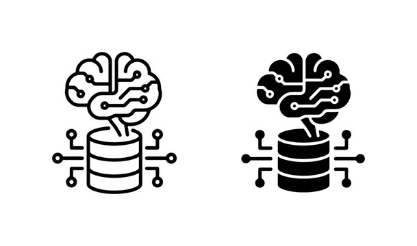 Artificial Intelligence Brain Data Storage Icons, AI Machine Learning Concept Vector Graphics, Neural Network Processing Information Symbols