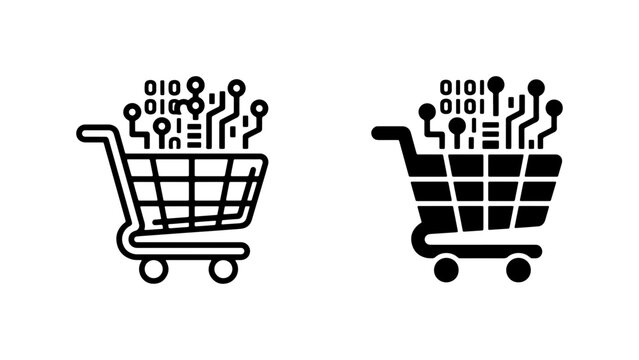 Digital Shopping Cart Icons, E-commerce Technology Vector Graphics, Online Retail Data Circuitry Symbols