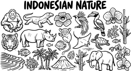 Black  White Line Art Doodle Illustration of Indonesian Nature and Wildlife Icons, featuring Flora, Fauna, and Landscapes for Travel and Educational Content. © dekal