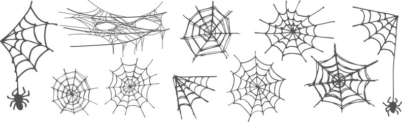 Spooky spider web collection with creepy Halloween cobweb elements, dark insect illustrations and tangled gothic corner decoration set © Vivid Pixel Studio.