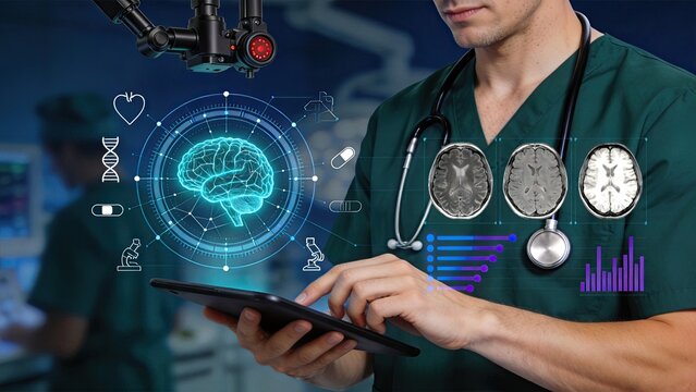Doctor in scrubs analyzing brain scan images on tablet with AI-powered medical diagnostics overlay, showcasing advanced healthcare technology, neurology research and digital