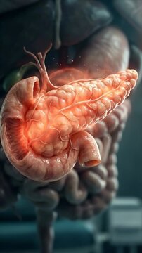 Human pancreas affected by severe inflammation, a critical pancreatic disease, medical condition, digestive system, organ health, anatomical view