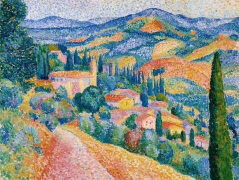Hilly mediterranean landscape with small village, vibrant pointillist style, warm summer scene