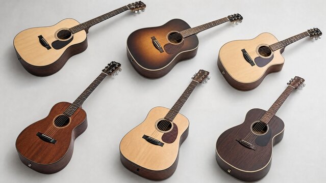 chords. Artistic arrangement of six acoustic guitars from an overhead view, showcasing minimalist design and craftsmanship. tutorial guides.