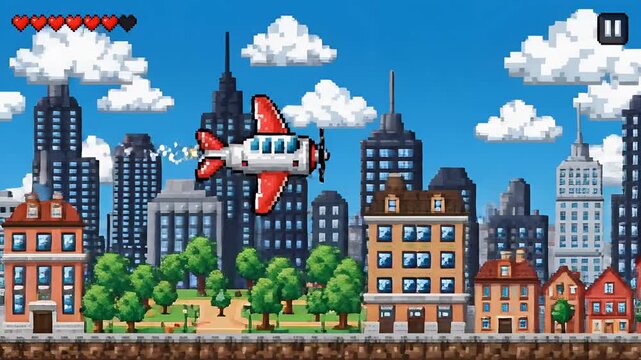 Pixel Art Airplane Flying Over Colorful Cityscape with Skyscrapers and Clouds.