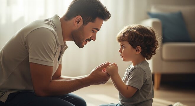 A caring father kneeling down and holding hands with his young son at home.