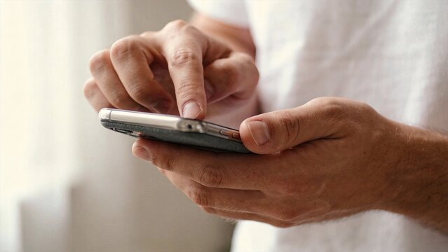 Close up of hands using smartphone for texting, mobile communication, digital messaging, social interaction, modern lifestyle, connectivity and instant information access in daily