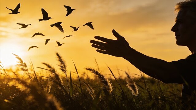Silhouette of man releasing birds into the golden sunset sky, symbolizing freedom, letting go, peace, nature connection and new beginning in a field landscape