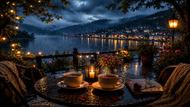 Romantic Rainy Evening Tea Date by Lakeside with Candle Light