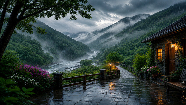 Cozy Monsoon Cottage in Misty Valley with River and Waterfall