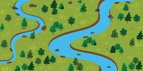Fototapeta premium Top down aerial view cartoon illustration of a winding blue river flowing through a dense green forest with varied evergreen and deciduous trees and foliage landscape illustration environment.