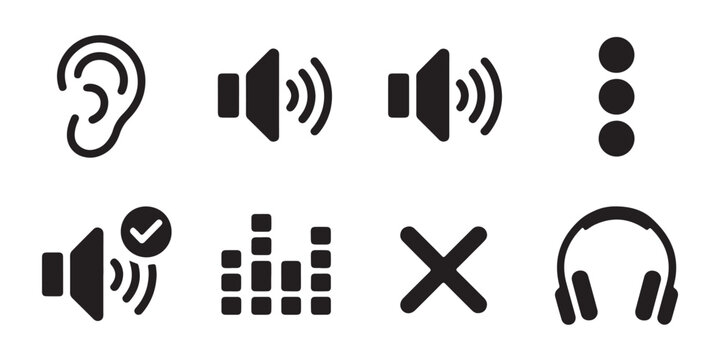 Collection of sound icons including ear volume levels equalizer mute and headphones on transparent background.