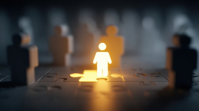A glowing figure stands out from a puzzle of silhouetted people, symbolizing uniqueness and individuality. The concept is illuminated by a warm light, highlighting the subject against a dark.