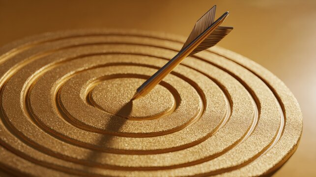 A golden arrow precisely hitting the center of a golden target, symbolizing perfect aim and achievement