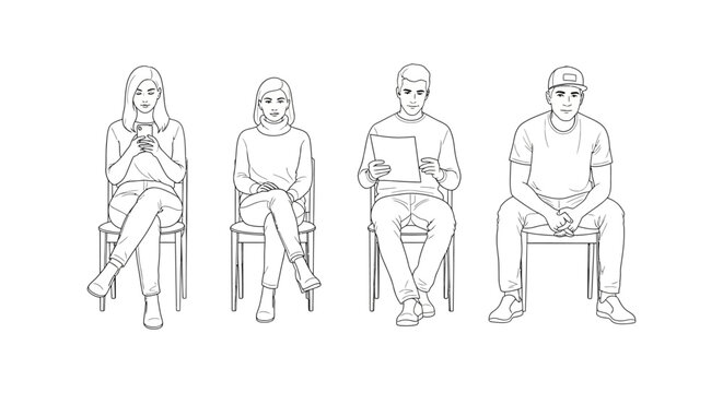 diverse people waiting in line sitting on chairs looking at phones and papers
