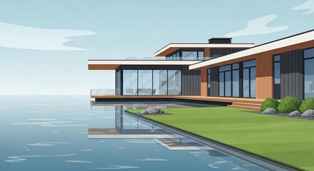 Fototapeta premium Modern Luxury Minimalist Villa on Calm Water Waterfront Contemporary House with Glass Walls Green Lawn Reflection Illustration