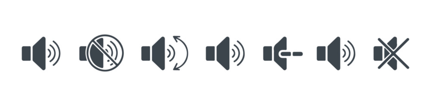 Collection of dark gray speaker icons showing volume levels mute and audio controls.