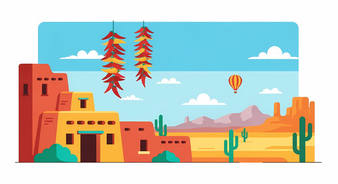 Southwestern desert landscape with adobe building and chili ristras
