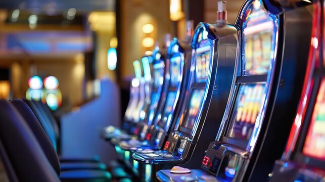 Row of illuminated casino slot machines in gaming hall