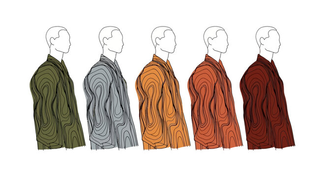 minimalist illustration of five men in side profile wearing spiritual robes with contour line patterns representing mindful contemplation and tradition.