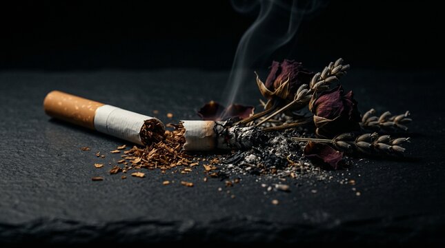 Stop smoking concept with broken cigarette ash and dried flowers for addiction recovery and health awareness campaigns