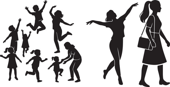 Children and women silhouette illustration collection featuring playful kids, dancing figures and lifestyle poses for education, recreation and social concepts