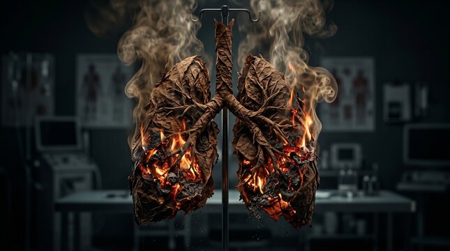 Smoking addiction and lung health damage concept featuring tobacco leaf lungs burning in a medical clinic for anti smoking awareness campaigns