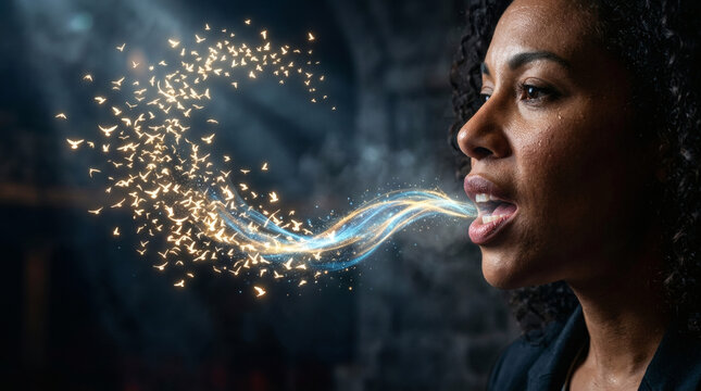Woman Blowing Glittering Sparkles Out Mouth.