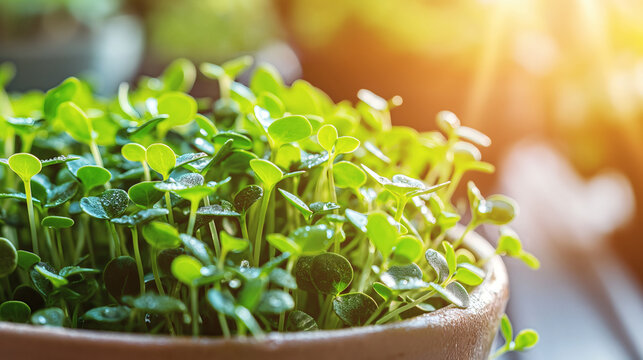 Fresh green microgreens growing in a pot, close-up with morning sunlight and water drops