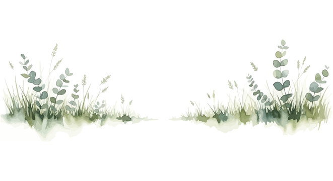 watercolor eucalyptus and grass border illustration with natural botanical greenery on a white background perfect for design templates.