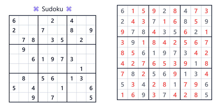 Sudoku puzzle with filled and empty grids on white background  