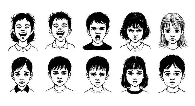 black and white line art portraits of diverse childrens faces expressing various emotions depicting childhood feelings like happiness anger and sadness.