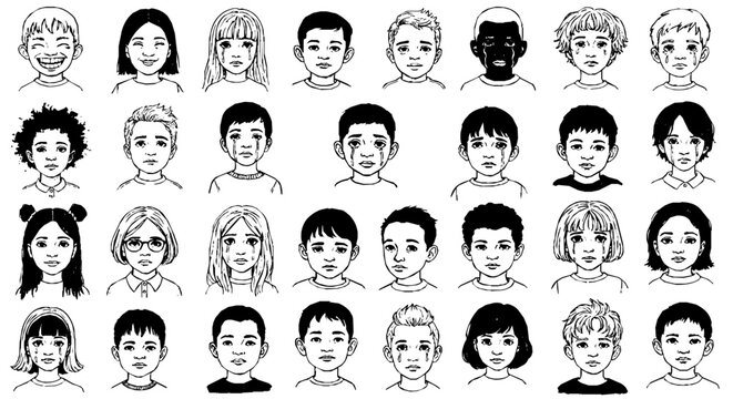 diverse childrens faces expressing emotions of sadness happiness and crying illustrating childhood struggles and emotional well-being concepts.