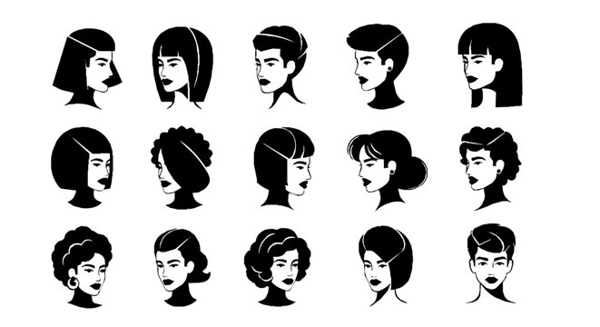 diverse hairstyles and character portraits a fashion illustration of various human profiles perfect for beauty concepts and modern design.