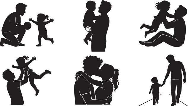 Father and child silhouette set featuring parenting, family bonding, baby playtime and caring parent interactions vector illustrations for childcare lifestyle projects