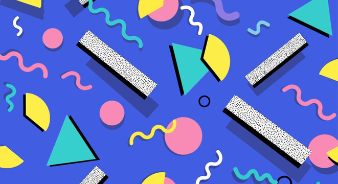 memphis style abstract geometric pattern background with colorful shapes and squiggles evoking a retro 80s 90s graphic design aesthetic.