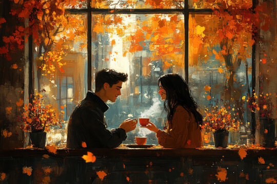 Couple sitting by window, surrounded by autumn leaves.