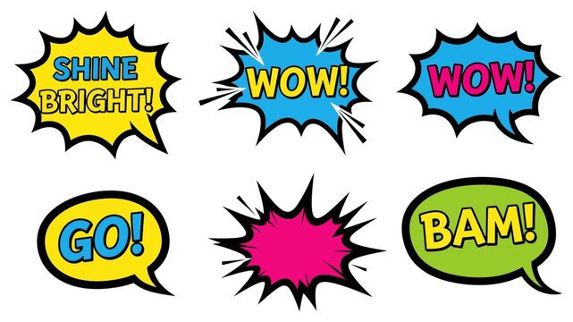 Vibrant comic book speech bubbles with action packed text