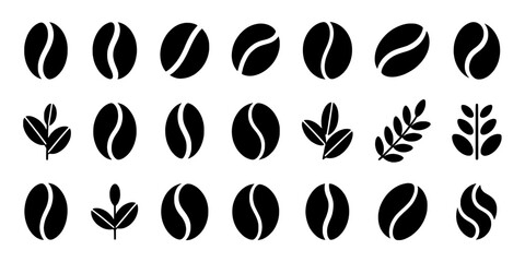 Fototapeta premium Coffee beans and leaves set with black and white design elements featuring minimalist, vector, clean composition on simple background