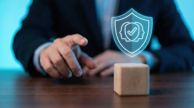 Corporate Identity and Data Privacy Concept: Executive Hand Reaching for Wooden Block with Holographic Security Shield Interface